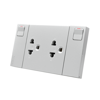 Schneider Electric ชุดเต้ารับคู่ 3 ขา มีม่านนิรภัยและสวิตซ์ควบคุม ประกอบสำเร็จรูป | สีเทา | AvatarOn A | M3T_SIS_GY