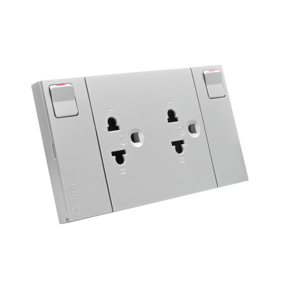 Schneider Electric ชุดเต้ารับคู่ 3 ขา มีม่านนิรภัยและสวิตซ์ควบคุม ประกอบสำเร็จรูป | สีเทา | AvatarOn A | M3T_SIS_GY