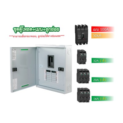 Schneider ชุดตู้โหลดเซ็นเตอร์สแควร์ดีเฟรม 100A ขนาด 12 ช่อง + เมนเบรกเกอร์ 100A, 30kA + ลูกย่อย ขนาด 32A/20A/16A