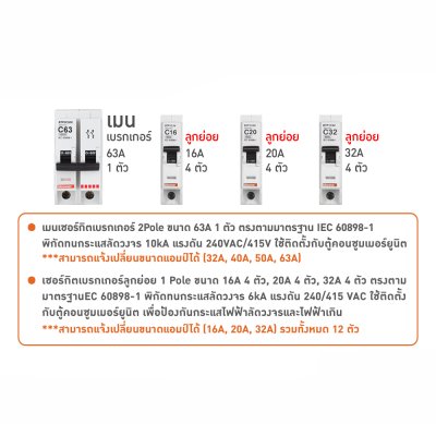 BTicino ชุดตู้คอนซูเมอร์ ยูนิต 1เฟส 2สาย 240 โวลท์ (ปลั๊ก-อิน) 12ช่อง + เมนเบรกเกอร์ 63A + เบรกเกอร์ลูกย่อย 16A/20A/32A