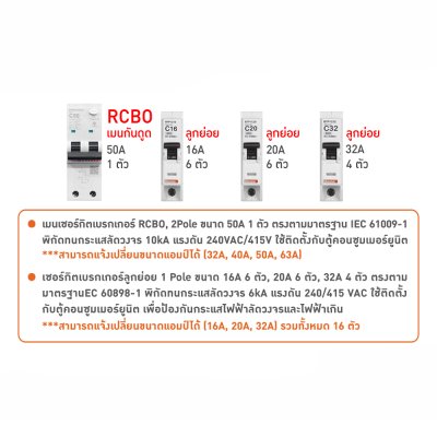 BTicino ชุดตู้คอนซูเมอร์ ยูนิต 1เฟส 2สาย 240โวลท์ (ปลั๊ก-อิน) 16ช่อง + เมนกันดูด RCBO 50A + เบรกเกอร์ลูกย่อย 16A/20A/32A