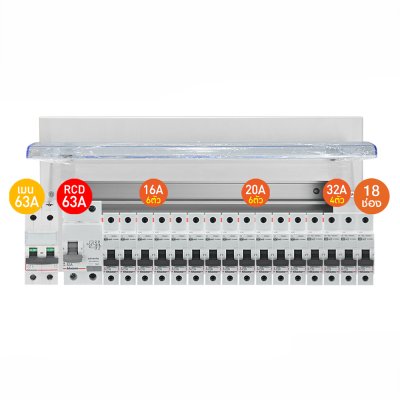 BTicino ชุดตู้คอนซูมเมอร์ยูนิต BTDIN 18 ช่อง (แบบเกาะราง) + MCB 2P 63A + RCD 2P 63A พร้อมเบรกเกอร์ลูกย่อย