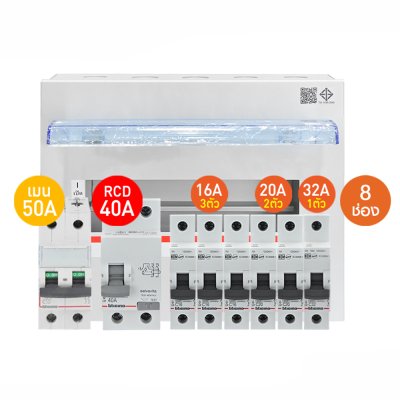 BTicino ชุดตู้คอนซูมเมอร์ยูนิต BTDIN 8ช่อง (แบบเกาะราง)+MCB 2P 50A+RCD 2P 40A พร้อมเบรกเกอร์ลูกย่อย