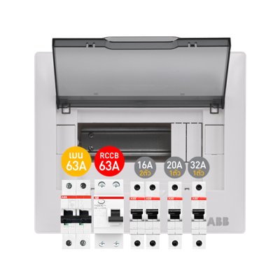 ABB ชุดตู้คอนซูมเมอร์ยูนิต ขนาด 8 ช่อง เมนเบรกเกอร์ 63A+กันดูด RCCB 63A พร้อมลูกย่อย 16A/20A/32A