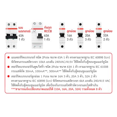 ABB ชุดตู้คอนซูมเมอร์ยูนิต ขนาด 12 ช่อง เมนเบรกเกอร์ 63A+กันดูด RCCB 63A พร้อมลูกย่อย 16A/20A/32A