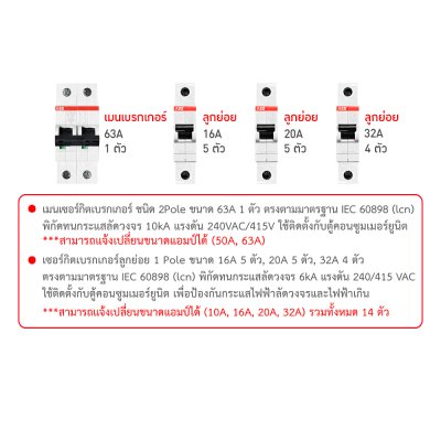 ABB ชุดตู้คอนซูมเมอร์ยูนิต 1เฟส 240V ขนาด16ช่อง เมนเบรกเกอร์ 63A พร้อมลูกย่อย 16A/20A/32A | Ucanbuys