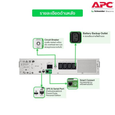 APC เครื่องสำรองไฟ แบบแร็ค 2U (1000VA/600WATT) AVR Sinewave 4IEC Outlet Smartconnect - SMC1000I-2UC รุ่น Smart
