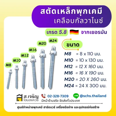ตารางขนาดสตัดเหล็กพุกเคมีชุบกัลวาไนซ์ เกรด 5.8 ขนาด M8 M10 M12 M16 M20 M24 ยาว 110 ถึง 300 มม. พร้อมน็อตและแหวนรอง