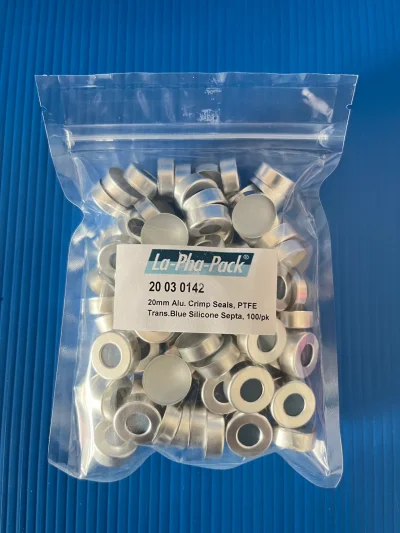 Al crimp cap 20 mm. Si blue/PTFE :La-Pha-Pack3.0mm,