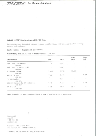Tetrachloroethane-d2 99.5%D, 10ml.,