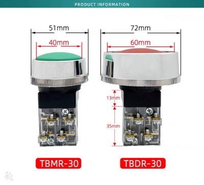 Push Button Switch สวิตช์แบบกดติดปล่อยดับ รุ่น TBDR-30 สีเขียว แกน30มม. ตัวสวิตช์ 72มม. 2NO/2NC