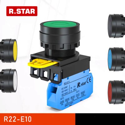 Push Button Switch สวิตช์แบบกดติดปล่อยดับ แกน 22มม. สีเหลือง ( 1NO ) R-STAR สามารถเพิ่มหรือเปลี่ยนเป็น NC ได้