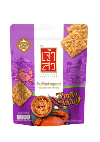 RICE CRACKER WITH PORK FLOSS NAM PRIK KAI MUN PU CHAOSUA BRAND  80 G 	ข้าวตังหน้าหมูหยองรสน้ำพริกไข่มันปู ตราเจ้าสัว 80 g
