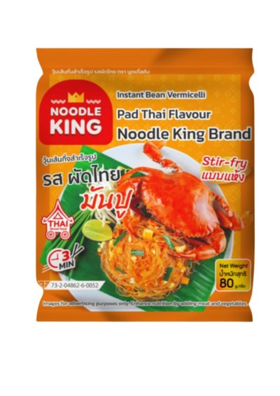INSTANT BEAN VERMICELLI PAD THAI FLAVOUR STIR FRY NOODLE KING BRAND 80 G 	วุ้นเส้นกึ่งสำเรจรูป รสผัดไทย มันปู แบบแห้ง NOODLE KING 80 กรัม