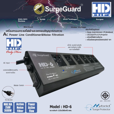 SurgeGuard HD-6 ปลั๊กกรองไฟลดทอนไฟกระชากและสัญญาณรบกวนมาตรฐาน มอก.