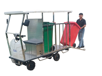 รถขับเคลื่อนไฟฟ้าชนิดนั่งขับพร้อมคอกสแตนเลสบรรทุกถังขยะ 240 ลิตร 2 ถัง