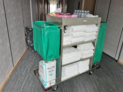 รถเข็นแม่บ้านสแตนเลสพร้อมถุงคูนิล่อน 2 ใบ