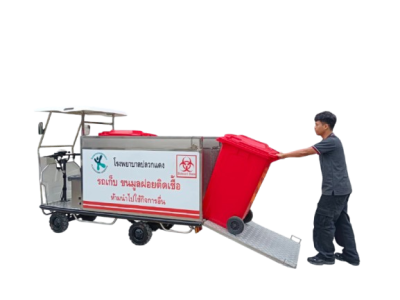 รถติดมอเตอร์ไฟฟ้า ตู้สแตนเลสขนขยะ มีสะพานท้าย