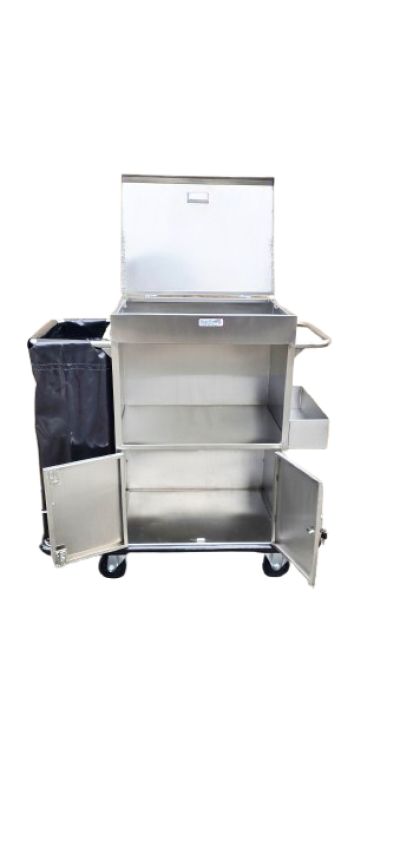 รถเข็นแม่บ้านสแตนเลสฝาเปิด-ปิด ด้านบนพร้อมถุงคูนิล่อน