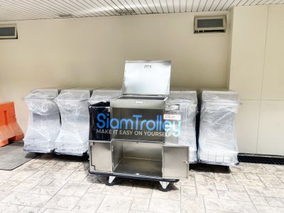 รถเข็นแม่บ้านสแตนเลสฝาเปิด-ปิด ด้านบนพร้อมถุงคูนิล่อน