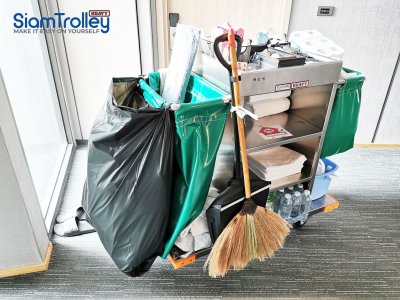 รถเข็นแม่บ้านสแตนเลสพร้อมถุงคูนิล่อน 2 ใบ