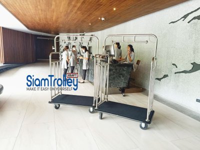 รถเข็นกระเป๋าและสัมภาระสแตนเลสแบบราวแขวนพื้นปูพรม