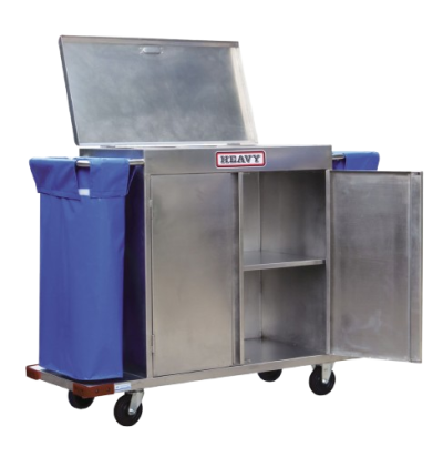 รถเข็นแม่บ้านสแตนเลสฝาเปิด-ปิด ด้านบนพร้อมถุงคูนิล่อน