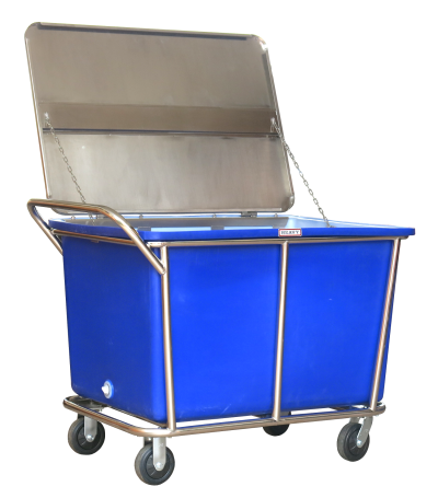 รถเข็นสเตนเลสพร้อมถังพลาสติกเหลี่ยม มีฝาปิด