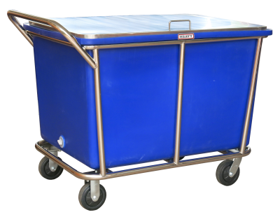 รถเข็นสเตนเลสพร้อมถังพลาสติกเหลี่ยม มีฝาปิด