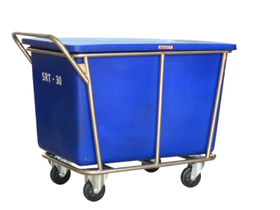 รถเข็นสแตนเลสแบบมีแฮนด์+ ถังพลาสติก สีน้ำเงิน