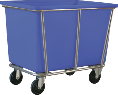 รถเข็นสแตนเลสแบบไม่มีแฮนด์+ ถังพลาสติกสีน้ำเงิน