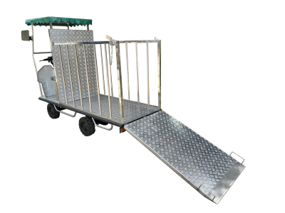 รถขับเคลื่อนไฟฟ้าชนิดนั่งขับพร้อมคอกสแตนเลสบรรทุกถังขยะ 240 ลิตร 2 ถัง