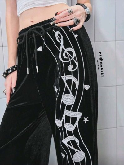 กางเกงขายาวกำมะหยี่ ปักลายตัวโน้ต สวยมากกกกก