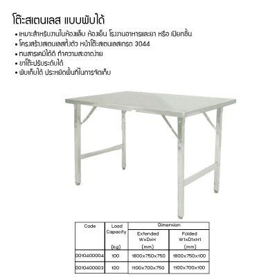 โต๊ะสแตนเลสพับได้ (TOOLMAX)