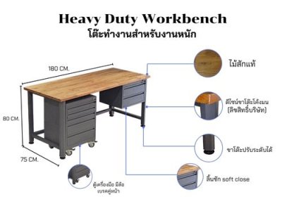 WB-5904-WD  โต๊ะช่างโครงเหล็กหน้าโต๊ะไม้สัก + ลิ้นชัก และตู้เครื่องมือ (META HEAVEE)