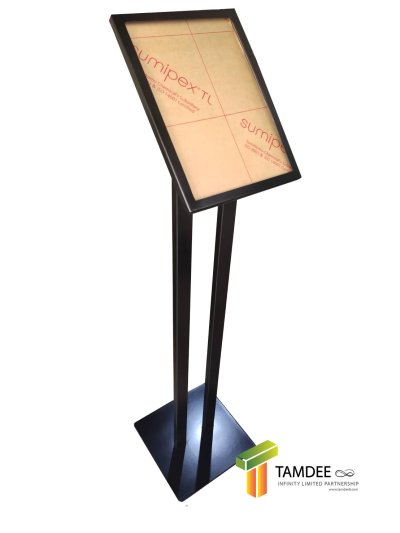 ป้ายเมนูสแตนด์ขนาด A4 แนวตั้ง ฐานสี่เหลี่ยม เสาเหลี่ยมคู่