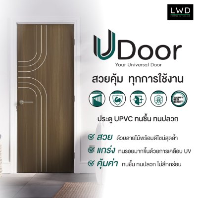 ประตู UDoor UPVC สี Brownie Oak ลาย P2 ขนาด 3.5x80x200 ซม.
