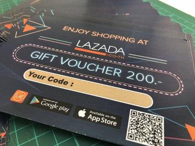 จัดพิมพ์ Gift Voucher ขนาด A6 พิมพ์ 4 สีหน้าหลัง กระดาษอาร์มันขนาด 210 แกรม งานพิมพ์สีสันสดใสคมชัดทุกตัวอักษร
