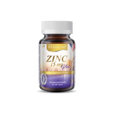 Real Elixir ZINC PLUS 15mg  ซิงค์และวิตามิน 1 กระปุก 30 capsules    ซิงค์และวิตามิน เป็นส่วนหนึ่งของเอ็นไซม์ต่าง ๆ ในร่างกายกว่า 100 ชนิด    ส่วนประกอบ  Zinc 15 mg.,กรดแพนโทเธนิค 6 mg.,ไนอาซินนาไมต์ 20 mg.,Vitamin A 7.7 mg.,Vitamin B6 2 mg.    วิธีรับประท