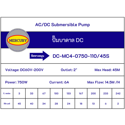 ปั๊มบาดาล MERCURY รุ่น DC-MC4-750-110/45S