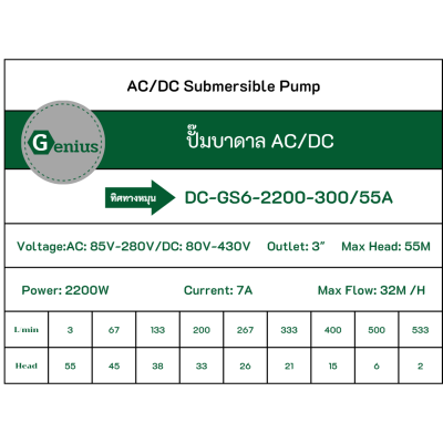 GENIUS ปั๊มบาดาล AC/DC 2200W 2ระบบ รุ่น MC6-2200-300/55A บ่อ6นิ้ว น้ำออก 3นิ้ว Head Max 55m