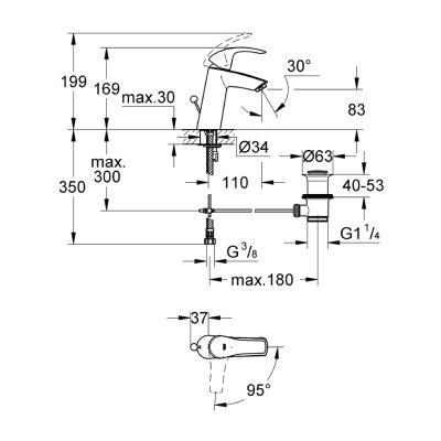 GROHE EUROSMART NEW ก๊อกผสมอ่างล้างหน้าทรงโค้งสูง พร้อมป๊อปอัพ ES 2339310E