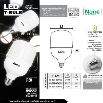 Nano หลอดไฟ LED T-Bulb หลอดกระบอก ขั้วE27