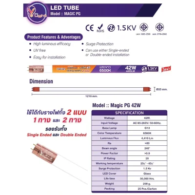 V Light หลอด LED Tube T8 รองรับทั้ง Single Ended/Double Ended