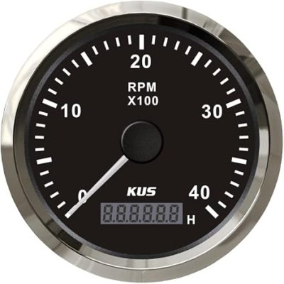Kus 85mm Tachometer RPM REV Counter with Hour Meter 4000RPM with Backlight 12V/24V (4K-Black+Stainless Steel)