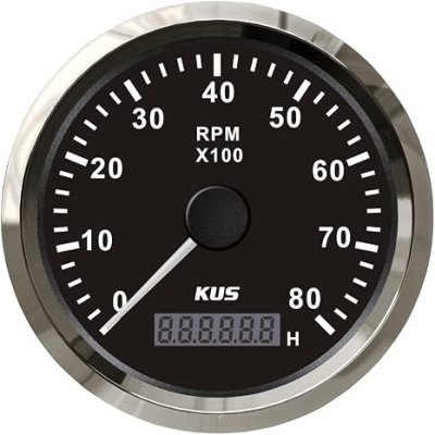 Kus 85mm Tachometer RPM REV Counter with Hour Meter 8000RPM with Backlight 12V/24V (8K-Black+Stainless Steel)