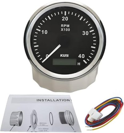 Kus 85mm Tachometer RPM REV Counter with Hour Meter 4000RPM with Backlight 12V/24V (4K-Black+Stainless Steel)