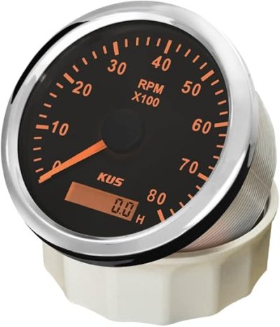 Kus 85mm Tachometer RPM REV Counter with Hour Meter 8000RPM with Backlight 12V/24V (8K-Black+Stainless Steel)