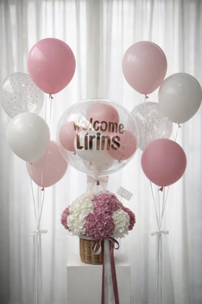 Pink Welcome Baby Hydrangea Basket Balloon Set