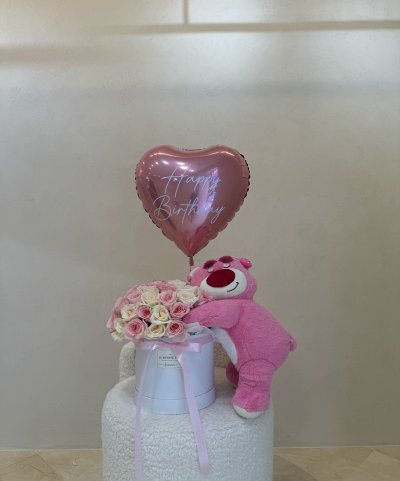Hugging Teddy Pink and White Roses Box